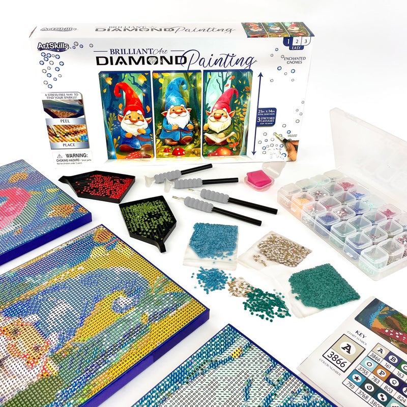 ArtSkills Diamond Painting Kit, Diamond Art Ready to Hang Framed Canvas with Storage and Accessory Kit, Gnomes, 3 Stretched Canvas Panels, 14â€ x 7â€ Each - Image 1