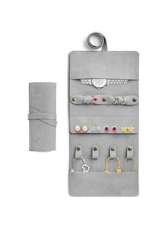 MIXDE Chic Leather Travel Jewelry Roll,Your Stylish, Space-Saving Solution for On-the-Go Accessories, Jewelry, Rings, Necklaces, Earrings, Bracelets, Watch (Grey)  - Image 1