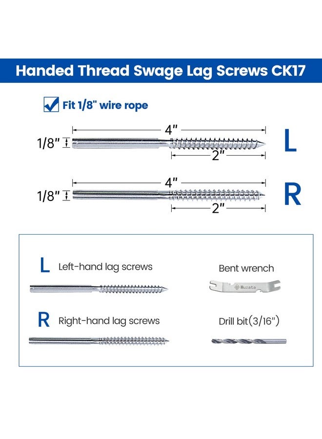 Muzata 100 Pack 1/8" Cable Railing Hardware Kit Swage Lag Screws Left and Right Handed Thread for Wood Post T316 Stainless Steel Deck Cable Railing System 50 Pairs CK17 - Image 2