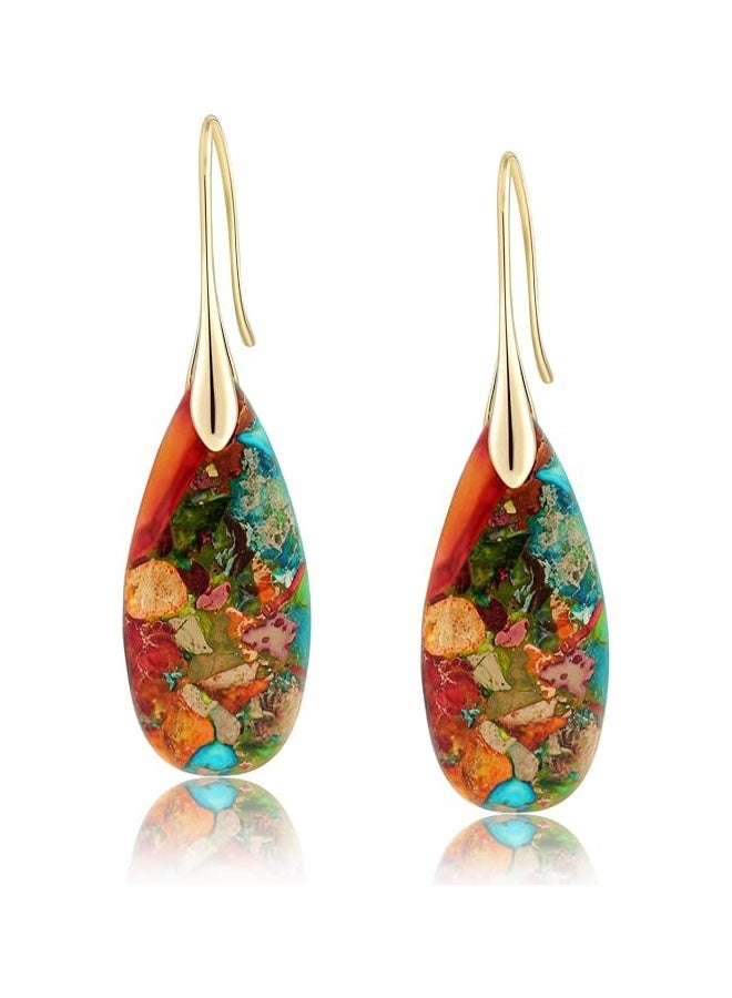 YJ Natural Healing Stone Fish Circle Pendant Earrings Statement Gold and Silver Earrings - Image 1