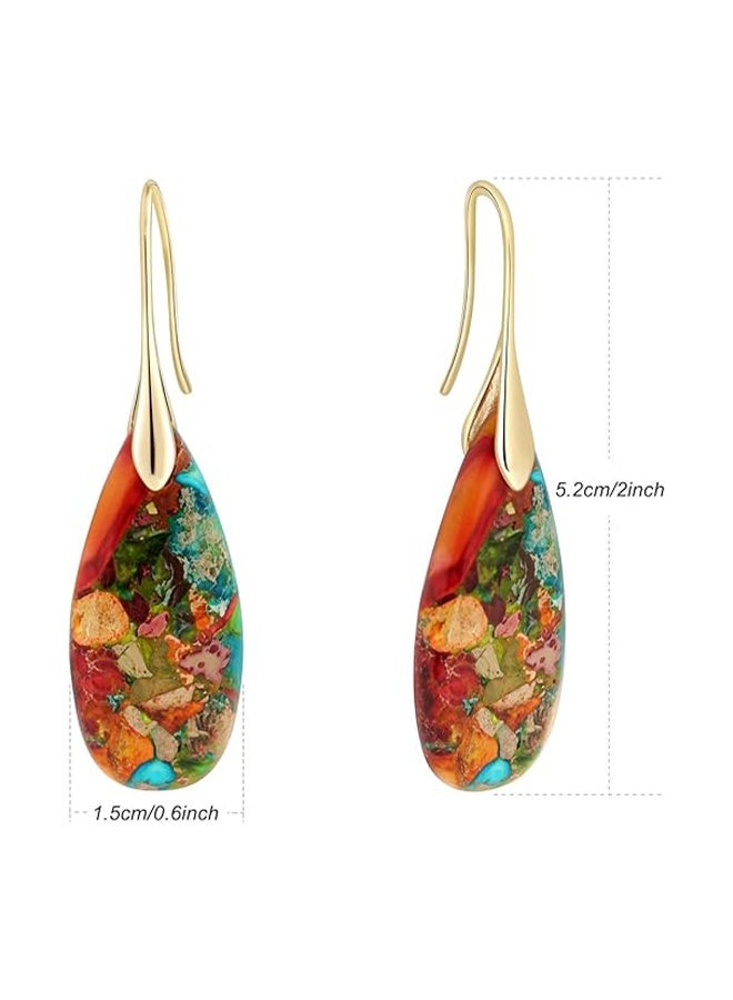 YJ Natural Healing Stone Fish Circle Pendant Earrings Statement Gold and Silver Earrings - Image 2