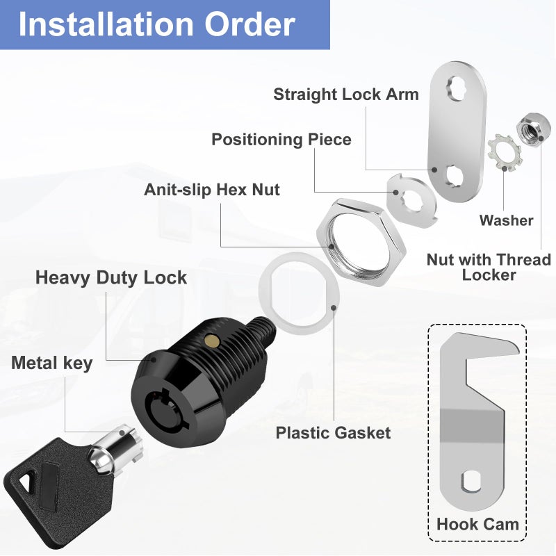 Cylinnda Black Toolbox Lock with Keys, Cabinet Locks Keyed Alike, Hook Cam, Tubular Cam Lock, Tool Box Lock with Manual, Zinc Alloy (5/8 Inch 1 Pack-Black) - Image 4
