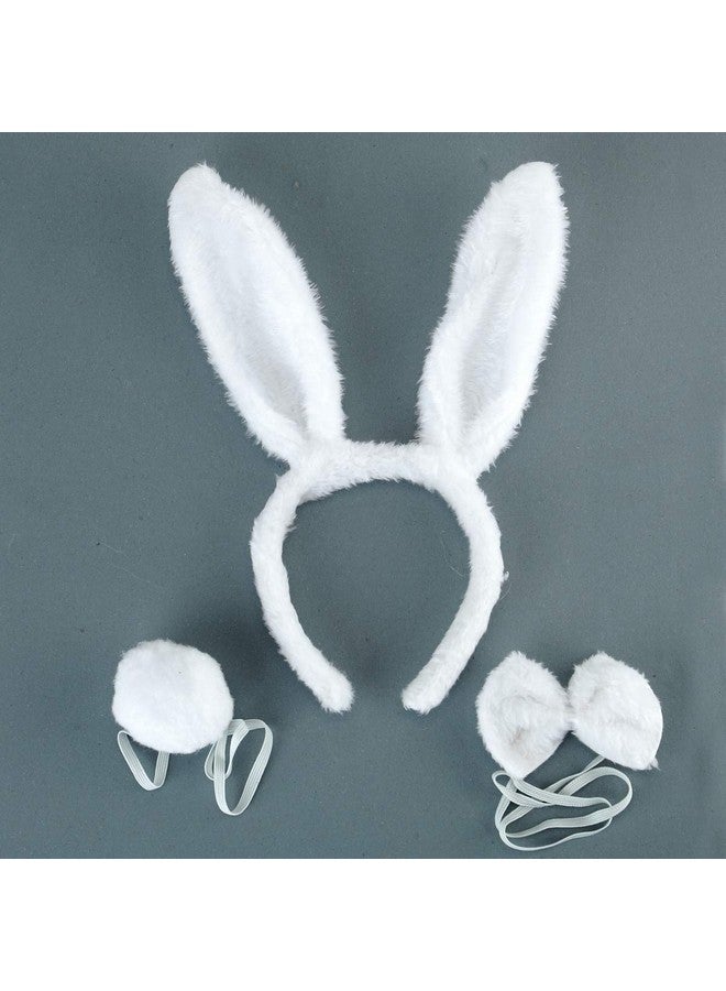 BinaryABC طقم زي الأرنب ثنائي الأبعاد ABC، طاقية آذان، رباطات، طقم ذيل، ملحقات زي الهالوين (أبيض) - Image 3