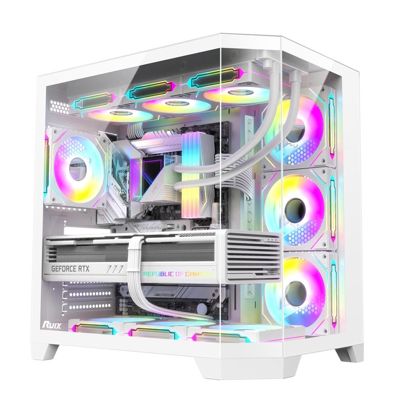 RUIX OV303 ATX Mid-Tower PC Case, Pre-Installed 4 x 120mm Prism ARGB PWM Fans, USB 3.0 & Type-C Ports, High-Airflow Gaming Computer Case - White - Image 1