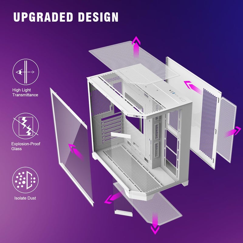 RUIX OV303 ATX Mid-Tower PC Case, Pre-Installed 4 x 120mm Prism ARGB PWM Fans, USB 3.0 & Type-C Ports, High-Airflow Gaming Computer Case - White - Image 5