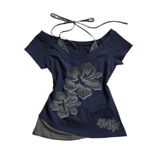 MANGMAO Emo Grunge Shirts Women 2000s Graphic Baby Tees Fake Two Piece Short Sleeve Vintage Y2k Crop Top Goth Alt Clothes (Royal Blue,L,Large) - Image 1