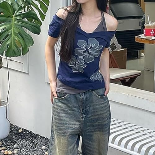MANGMAO Emo Grunge Shirts Women 2000s Graphic Baby Tees Fake Two Piece Short Sleeve Vintage Y2k Crop Top Goth Alt Clothes (Royal Blue,L,Large) - Image 2