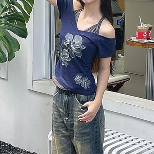 MANGMAO Emo Grunge Shirts Women 2000s Graphic Baby Tees Fake Two Piece Short Sleeve Vintage Y2k Crop Top Goth Alt Clothes (Royal Blue,L,Large) - Image 3