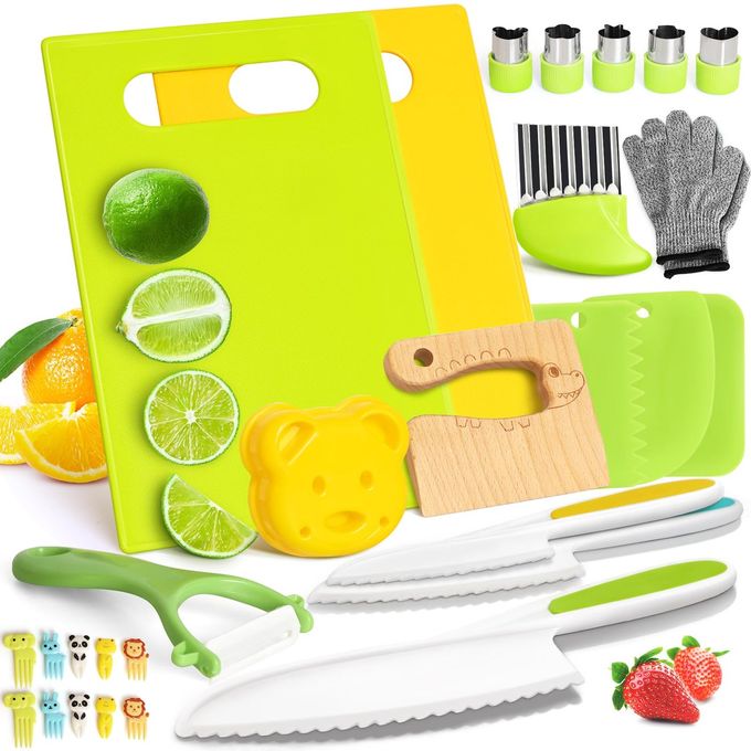 Suhctuptx 28PCS Toddler Knife Set - Kids Knifes for Real Cooking, Montessori Kids Kitchen Knife Set with Cutting Board Crinkle Cutters Kid Safe Knives, Toddlers Kitchen Tools for Age 2-10 Year Old Girl Boy - Image 1