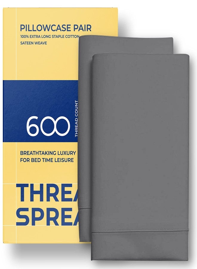 THREAD SPREAD أغطية وسائد ثريد سبريد، مقاس كوين، طقم من قطعتين - 600 خيط، قطن مصري 100%، مقاس قياسي، ناعمة كالحرير، نسيج ساتان فاخر، أغطية وسائد فاخرة للنوم - رمادي داكن - Image 1