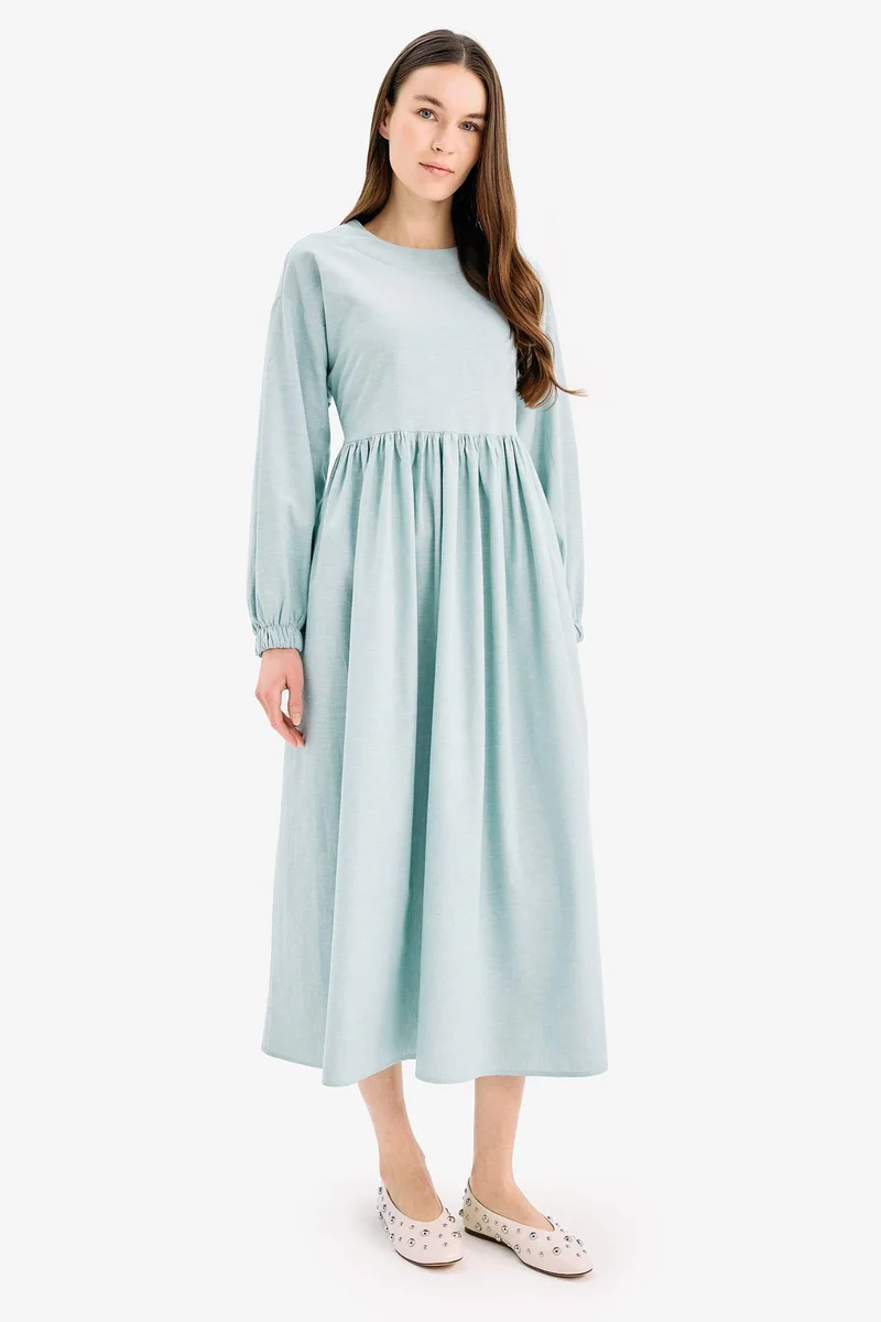 DeFacto Crew Neck Linen Blend Long Sleeve Dress