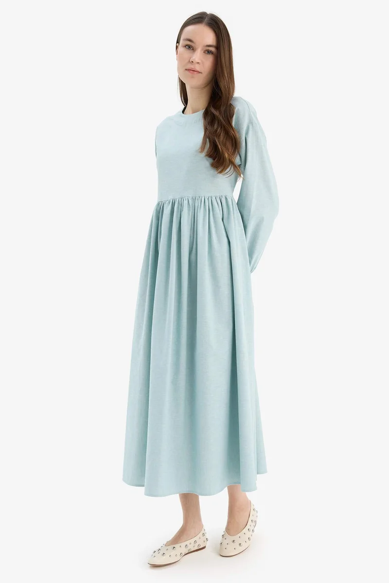 DeFacto Crew Neck Linen Blend Long Sleeve Dress
