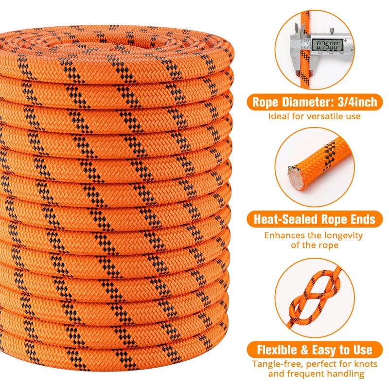 HOKINETY Double Braided Arborist Rigging Rope - 3/4 in X 120 ft 48 Strands Rappelling Outdoor Pulling Heavy Duty Polyester Bull Rope for Swing Tree Work Camping Rescue Hiking Logging - Orange - Image 5