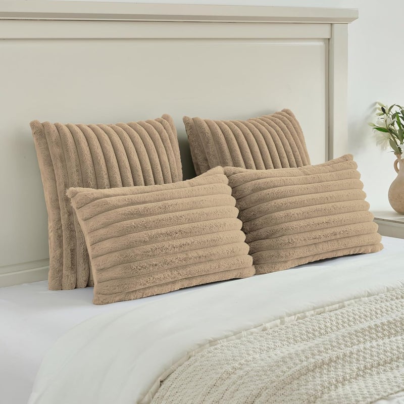 FUTEI Pack of 2 Fluffy Faux Fur Throw Pillow Covers 24x24 Inch Elegant Striped Textured Decorative European Cushion Cases Modern Accent Pillow for Couch Bed Living Room, Khaki - Image 5
