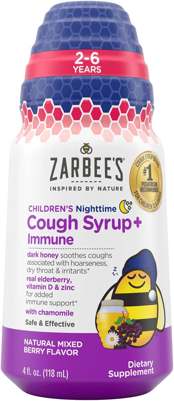 Zarbee's Zarbee's Children's Nighttime Honey Cough Syrup + Immune for Kids 2+, Cough Syrup with Soothing Dark Honey, Real Elderberry, Vitamin D & Zinc, & Chamomile, Drug-Free, Mixed Berry, 4 fl. oz