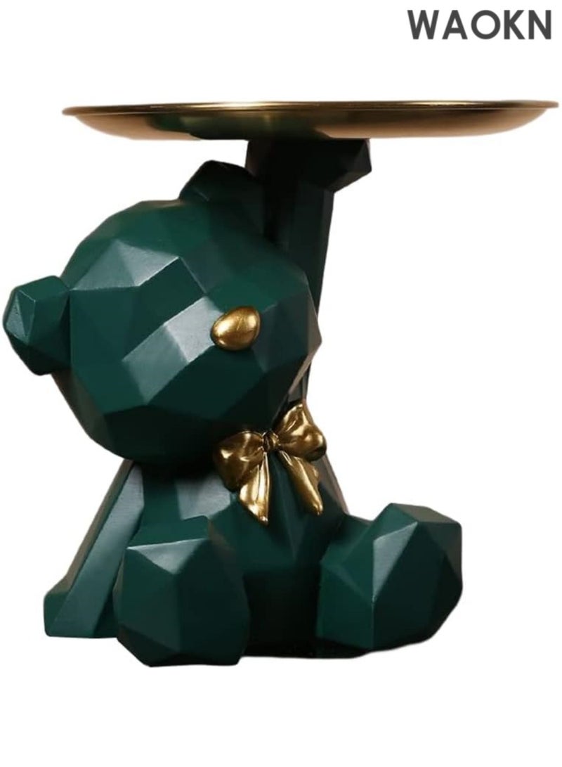 دبليو أيه أو كي أن صينية تخزين على شكل تمثال وحامل مفاتيح، صينية مجوهرات وحلوى وأقراط وأحمر شفاه، تماثيل دب لطيفة مع طبق، منحوتات دب ووعاء مفاتيح وصينية زخرفية لديكور المنزل والمكتب (أخضر داكن، 8.5 × 6.7 × 6.9 بوصة) - Image 1