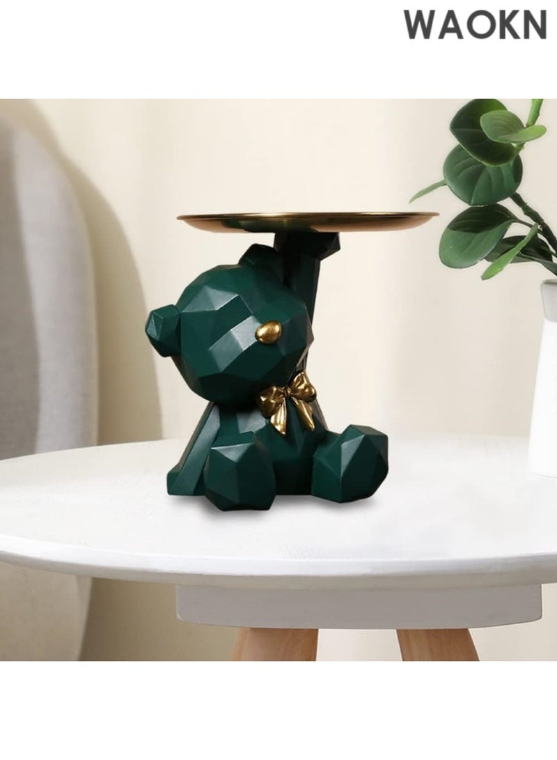 دبليو أيه أو كي أن صينية تخزين على شكل تمثال وحامل مفاتيح، صينية مجوهرات وحلوى وأقراط وأحمر شفاه، تماثيل دب لطيفة مع طبق، منحوتات دب ووعاء مفاتيح وصينية زخرفية لديكور المنزل والمكتب (أخضر داكن، 8.5 × 6.7 × 6.9 بوصة) - Image 2