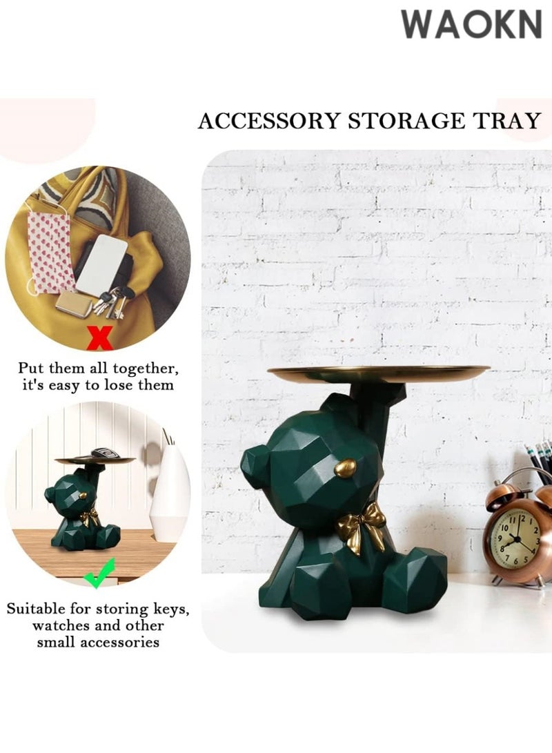 دبليو أيه أو كي أن صينية تخزين على شكل تمثال وحامل مفاتيح، صينية مجوهرات وحلوى وأقراط وأحمر شفاه، تماثيل دب لطيفة مع طبق، منحوتات دب ووعاء مفاتيح وصينية زخرفية لديكور المنزل والمكتب (أخضر داكن، 8.5 × 6.7 × 6.9 بوصة) - Image 3