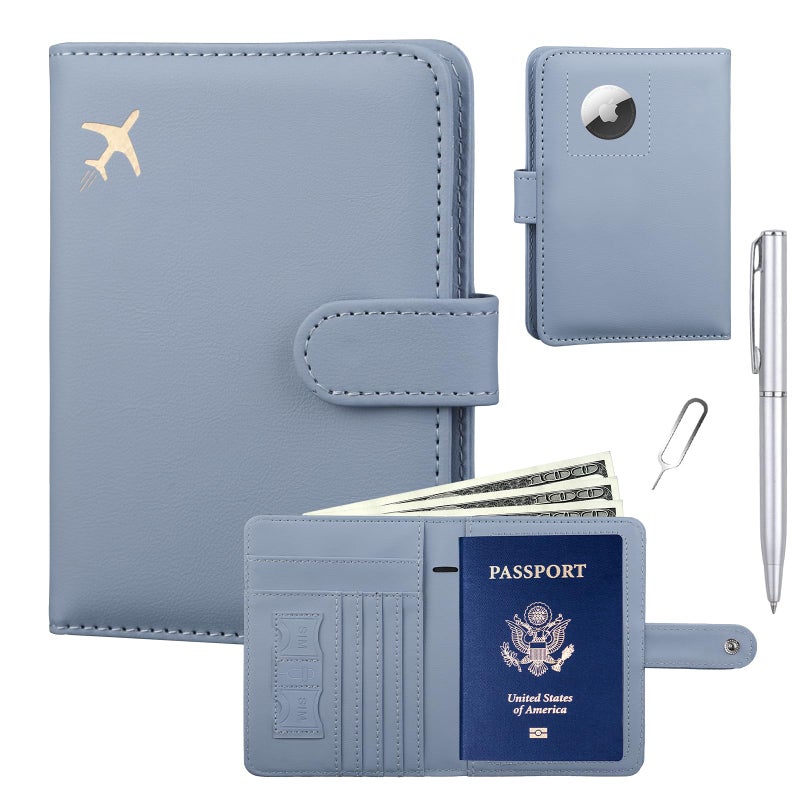 GOAUS Passport Holder for Travel with AirTag Slot Cards Cash Pocket, Faux Leather Travle Wallet Gifts for Women Men RFID Blocking Book Case Blue, AirTag Not Included - Image 1