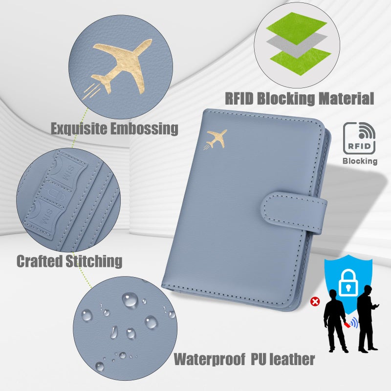 GOAUS Passport Holder for Travel with AirTag Slot Cards Cash Pocket, Faux Leather Travle Wallet Gifts for Women Men RFID Blocking Book Case Blue, AirTag Not Included - Image 5