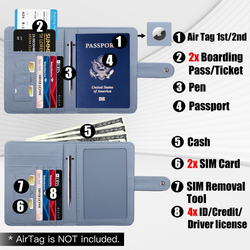 GOAUS Passport Holder for Travel with AirTag Slot Cards Cash Pocket, Faux Leather Travle Wallet Gifts for Women Men RFID Blocking Book Case Blue, AirTag Not Included - Image 3