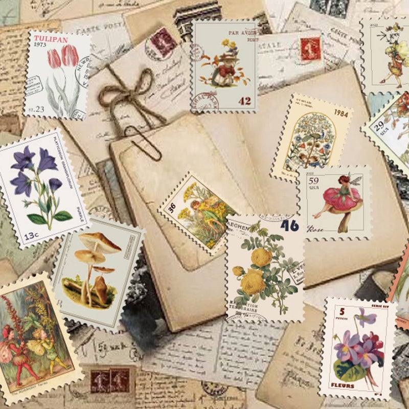 PRSTINCOL Vintage Postage Stamp Stickers for Scrapbook, 100 Pcs Deco Paper Stickers for Bullet Journal,Botanical Fairy Sticker for Junk Journal, DIY Crafts,Collage Album (Stamp-Like) - Image 5