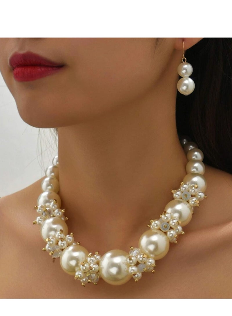 SYOSI Pearl Necklace for Women, Big Pearl Necklace and Dangle Earring Set, for Women Pearl Choker Necklace Big Pearl Necklace Gifts for Ladies Pearl Bead Necklace - Image 3