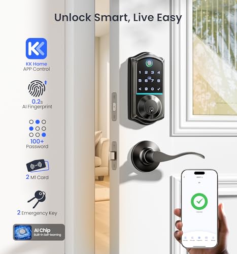 Veise VE017-L Fingerprint Smart Lock with 2 Lever Handles, Keyless Entry Front Door Lock Set, App Control, Electronic Digital Keypad Deadbolt, Easy Installation, Emergency Power Port, Matte Black - Image 2