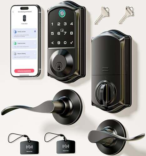 Veise VE017-L Fingerprint Smart Lock with 2 Lever Handles, Keyless Entry Front Door Lock Set, App Control, Electronic Digital Keypad Deadbolt, Easy Installation, Emergency Power Port, Matte Black - Image 1