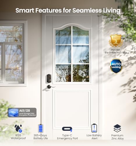 Veise VE017-L Fingerprint Smart Lock with 2 Lever Handles, Keyless Entry Front Door Lock Set, App Control, Electronic Digital Keypad Deadbolt, Easy Installation, Emergency Power Port, Matte Black - Image 5