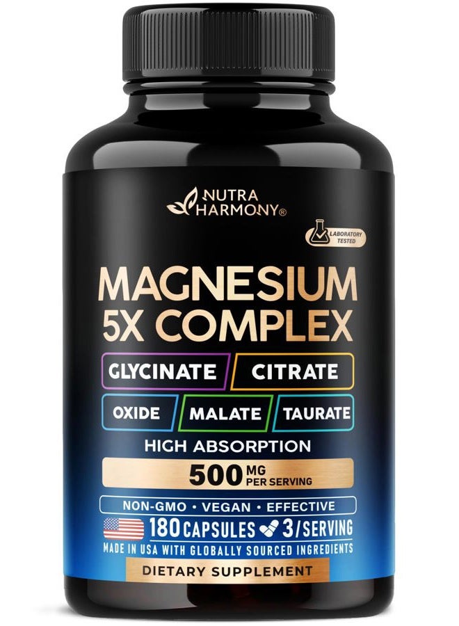 NUTRAHARMONY Magnesium Supplement - 5 in 1 Complex 500 mg | Glycinate | Citrate | Malate | Taurate | Oxide - Made in USA - Stress, Muscle & Heart Support - Vegan, Natural, Non-GMO - 180 Capsules, 2 Month Supply - Image 1
