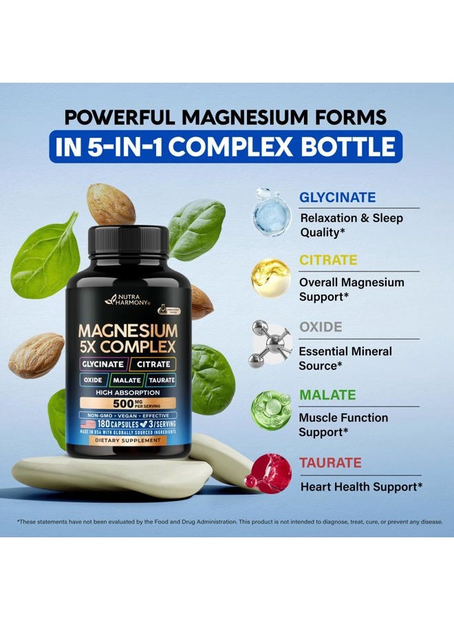 NUTRAHARMONY Magnesium Supplement - 5 in 1 Complex 500 mg | Glycinate | Citrate | Malate | Taurate | Oxide - Made in USA - Stress, Muscle & Heart Support - Vegan, Natural, Non-GMO - 180 Capsules, 2 Month Supply - Image 4