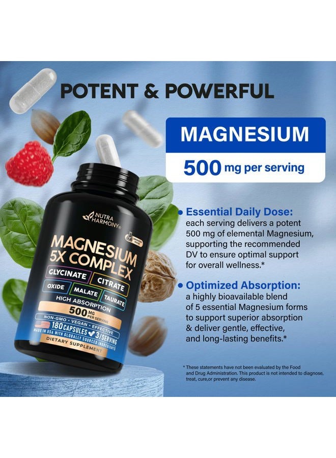 NUTRAHARMONY Magnesium Supplement - 5 in 1 Complex 500 mg | Glycinate | Citrate | Malate | Taurate | Oxide - Made in USA - Stress, Muscle & Heart Support - Vegan, Natural, Non-GMO - 180 Capsules, 2 Month Supply - Image 3