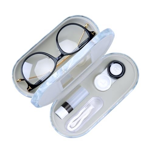 Muf 2 in 1 Contact Lens Case and Glasses Case, Double Sided Design with Mirror, Portable Travel Kit with Tweezer, Remover and Solution Bottle, Green Grey Marble - Image 1