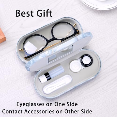 Muf 2 in 1 Contact Lens Case and Glasses Case, Double Sided Design with Mirror, Portable Travel Kit with Tweezer, Remover and Solution Bottle, Green Grey Marble - Image 4