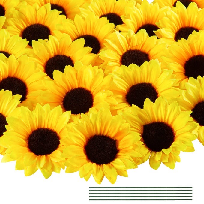 40PCS FAKE SUNFLOWER HEADS WITH STEMS 4 SUNFLOWER ARTIFICIAL SILK FLOWER HEADS FOR PARTY BABY SHOWER WEDDING MAKING HANDICRAFTS HOME DECORYELLOW