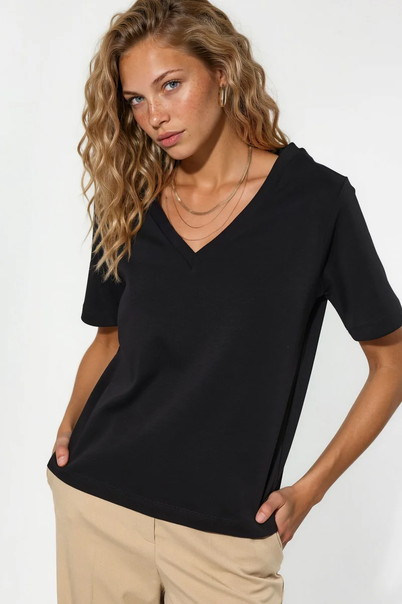 بوسيم BUSEM V-Neck Solid Regular Fit Cotton T-Shirt