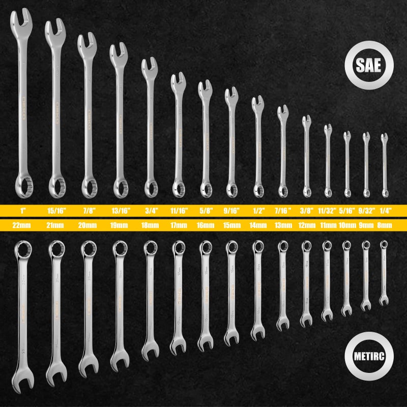 DEKOPRO Combination Wrench Set, SAE&Metric, 30-piece, 1/4'' to 1'' & 8-22mm, 12-Point, Chrome Vanadium Steel, with Plastic Tray - Image 2