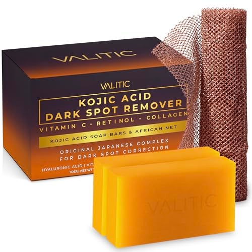 VALITIC Kojic Acid Dark Spot Soap with Turmeric Vitamin C Retinol Original Japanese Complex with Hyaluronic Acid Vitamin E Shea Butter Castile Olive Oil 2 Pack and African Net Sponge - Image 1