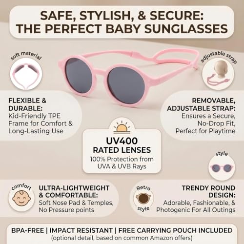 COASION Baby Polarized Sunglasses with Strap Adjustable TPEE Flexible Frame for Toddler Girls Boys Age 0-12 Months (Pink) - Image 3