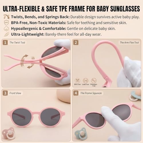 COASION Baby Polarized Sunglasses with Strap Adjustable TPEE Flexible Frame for Toddler Girls Boys Age 0-12 Months (Pink) - Image 4