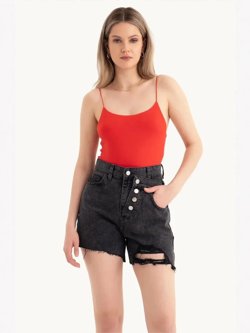 HICCUP Denim High Waist Double Layered Shorts with a Button detail