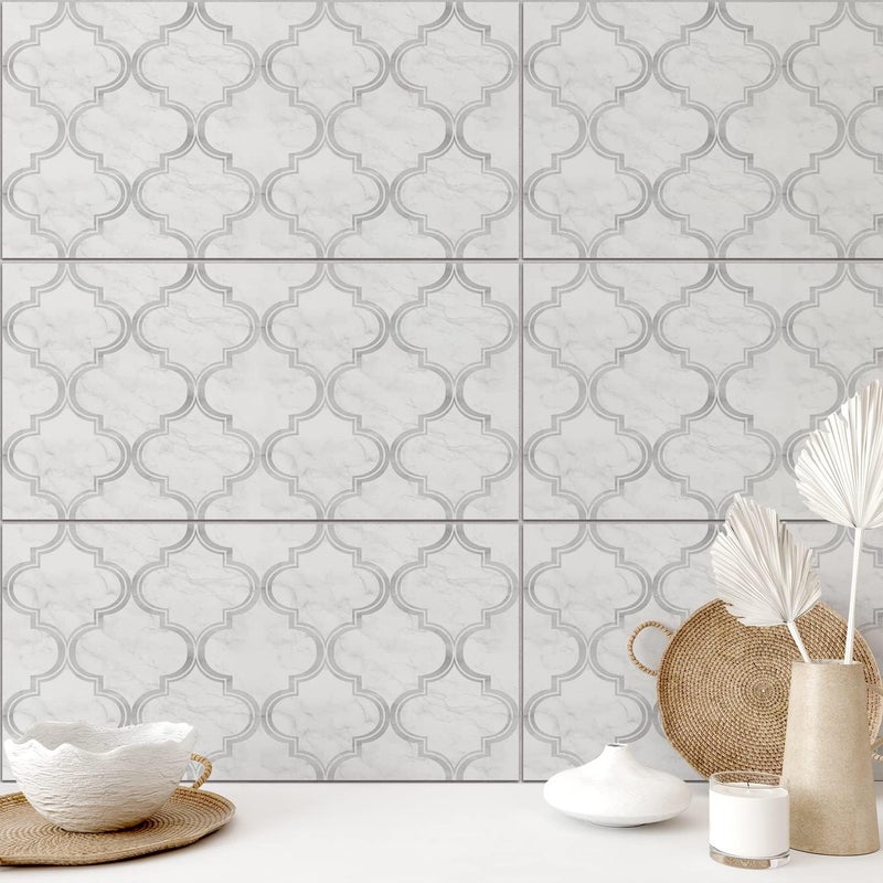 Alwayspon Vinyl Floor Tile Stickers, Non-Slip Self-Adhesive Backing, Tile Stickers for Kitchen, Bathroom, Self-Adhesive, Peel and Stick, PVC, White/Grey Marble Lantern, 30 x 15 cm x 4 Pieces - Image 1