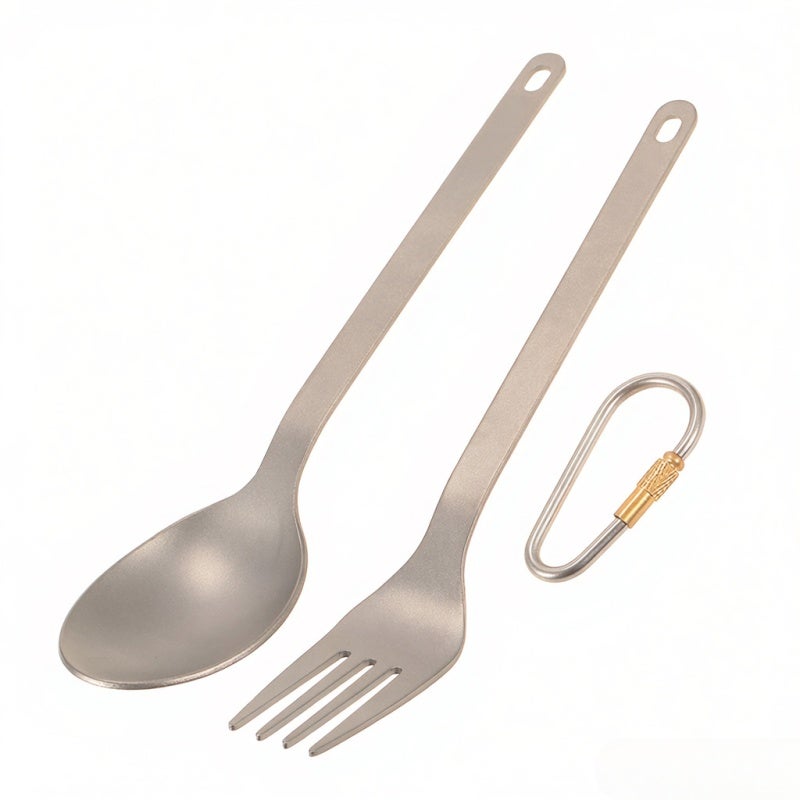 Titanium Cutlery Set: 2Pcs Lightweight Corrosion Resistant Titanium Utensils - With Removable Carabiner Drawstring Storage Sack for Outdoor Camping Picnic Home Use - Image 1