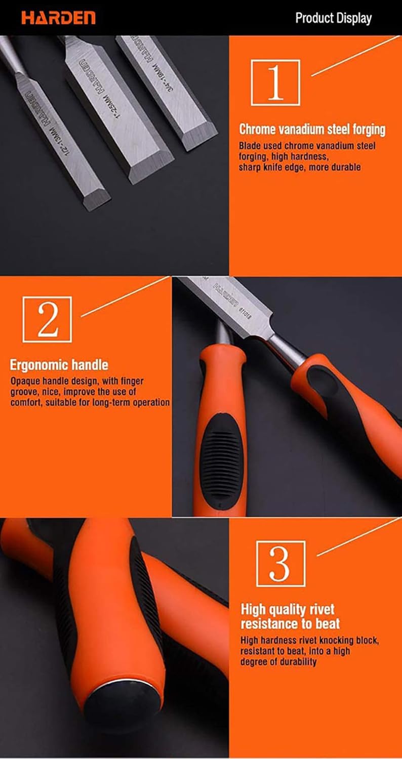 Harden 4 Pcs Professional Wood Carving Chisel Set CRV Steel Sharp Ergonomic Handle 6mm 13mm 19mm 25mm - Image 3