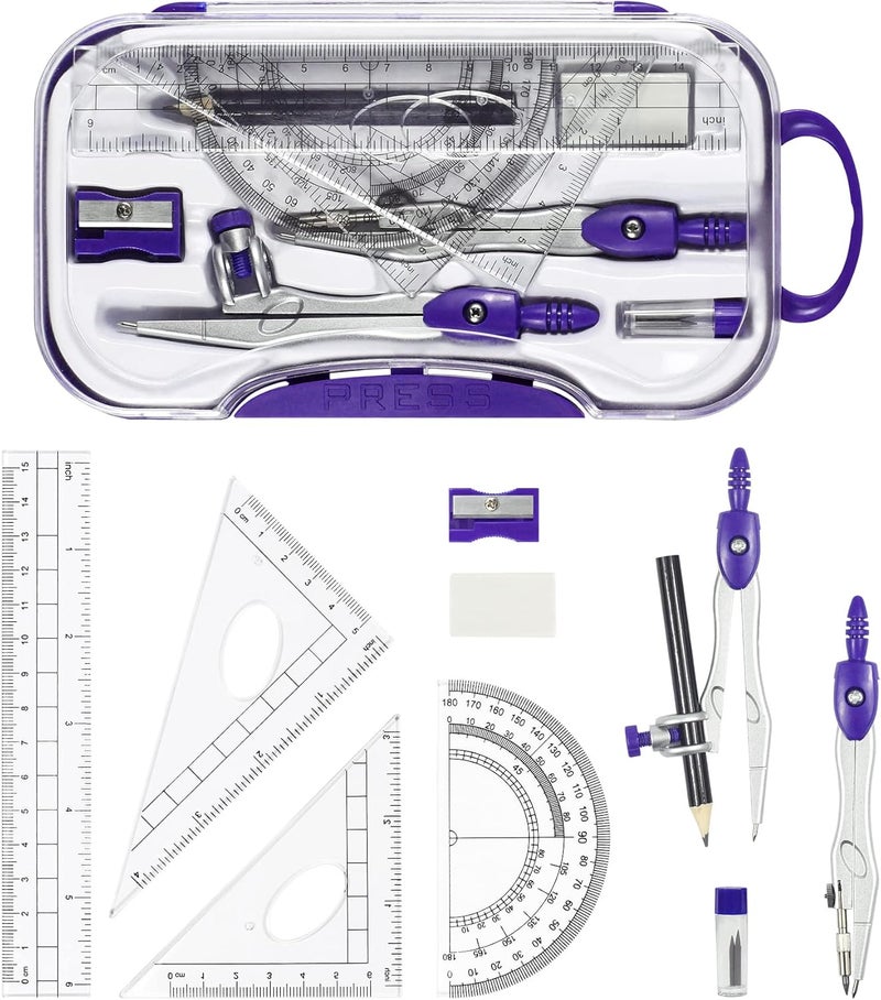 Vobou 10 Pieces Math Geometry Kit Set Student Supplies with Shatterproof Storage Box,Includes Rulers,Protractor,Compass,Eraser,Pencil Sharpener,Lead Refills,Pencil,for School and Drawings（Purple） - Image 2