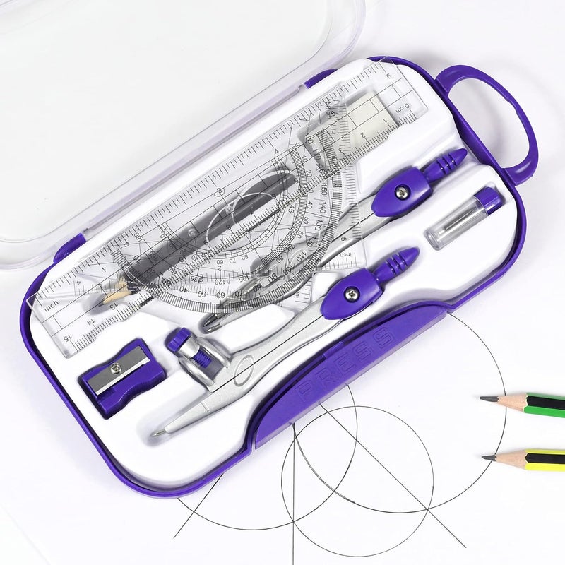 Vobou 10 Pieces Math Geometry Kit Set Student Supplies with Shatterproof Storage Box,Includes Rulers,Protractor,Compass,Eraser,Pencil Sharpener,Lead Refills,Pencil,for School and Drawings（Purple） - Image 4
