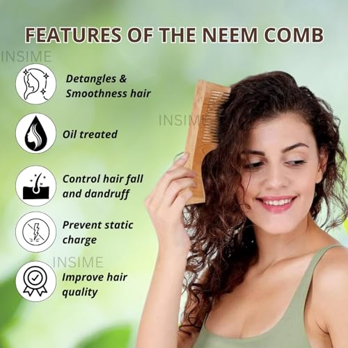 INSIME Wide tooth comb for curly hair | Neem Wooden comb wide tooth hair comb for women hair growth | Detangler hair comb shampoo wide comb for Women & Men Hair Styling - Image 2