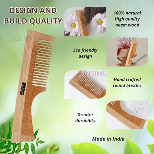 INSIME Wide tooth comb for curly hair | Neem Wooden comb wide tooth hair comb for women hair growth | Detangler hair comb shampoo wide comb for Women & Men Hair Styling - Image 3