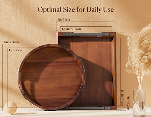 Dofira Acacia Wood Serving Tray with Metal Handles, 17x13in Food Drinks Tray for Coffee Table, Breakfast, Dinner & Bar, Rustic Decorative Storage Tray for Ottoman, Kitchen, Elegent Gift for Mom - Image 5